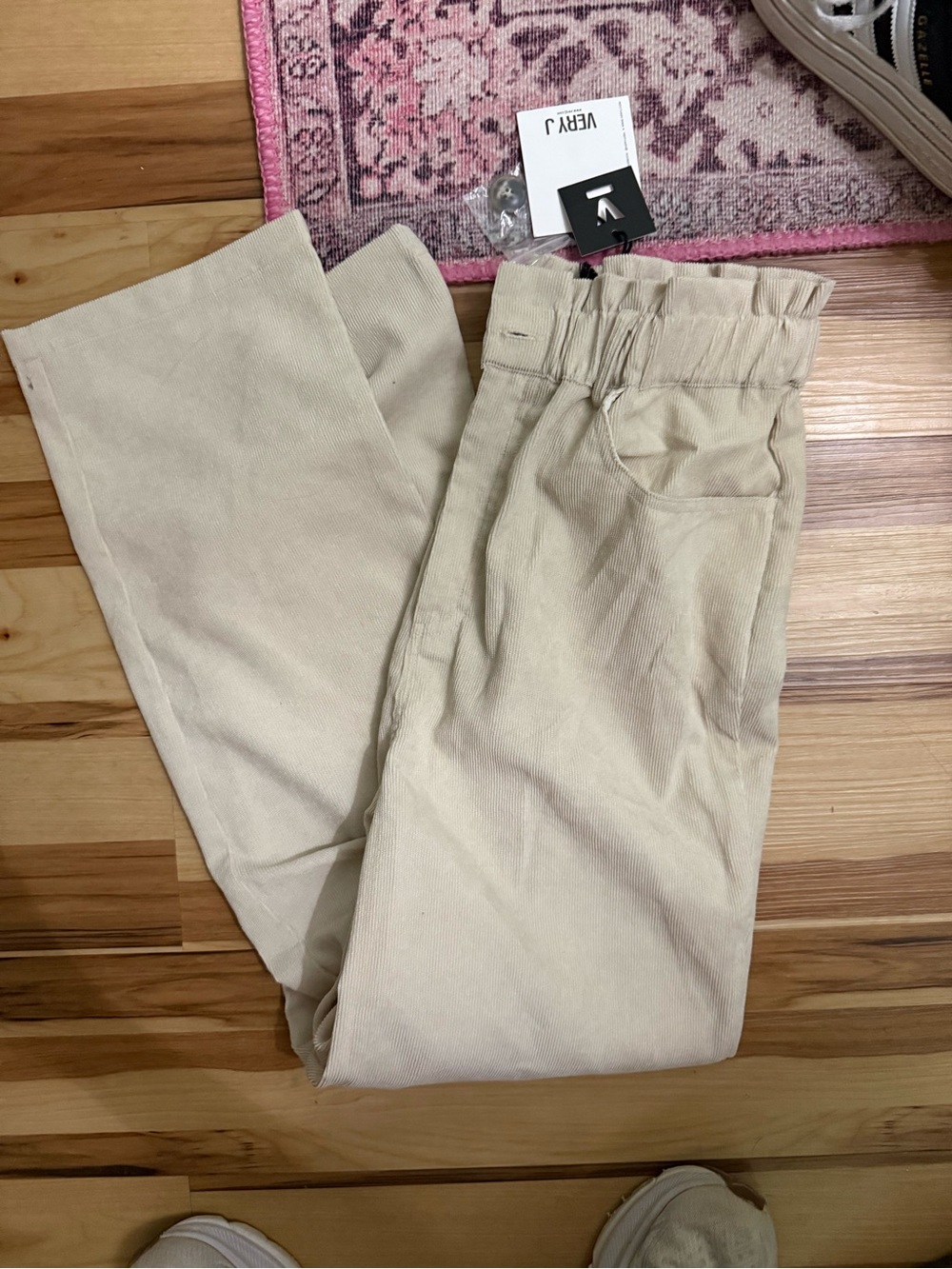 Very J Cream Corduroy Elastic-Waist Wide-Leg Pants
